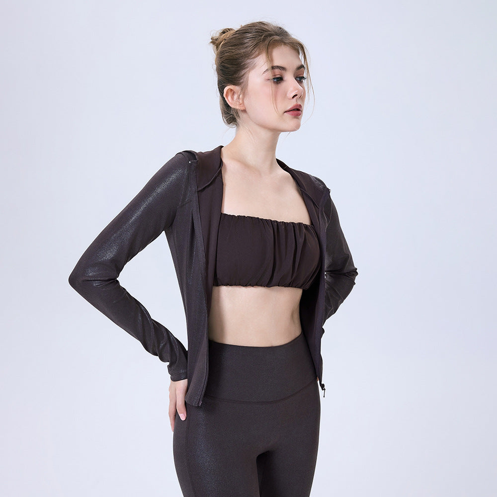 Faux Leather Nude Feel Sports Jacket Slim Fit Slimming Zipper Workout Clothes Top Hooded Comfortable Yoga Clothes Long Sleeve