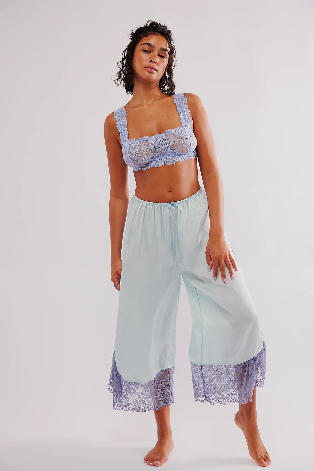 Women Lace Satin Stitching Loose Wide Leg Casual Trousers Office
