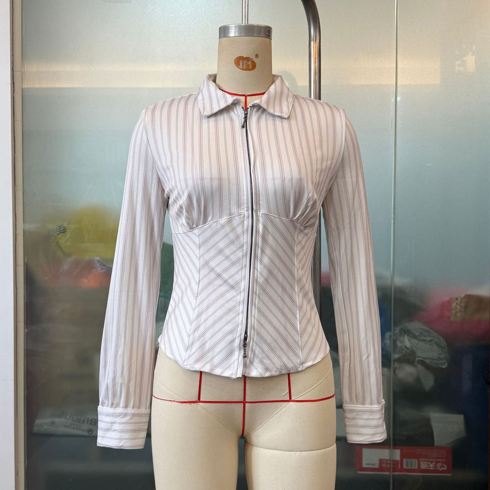 Women Clothing Spring Advanced Striped Long Sleeve Cardigan Shirt