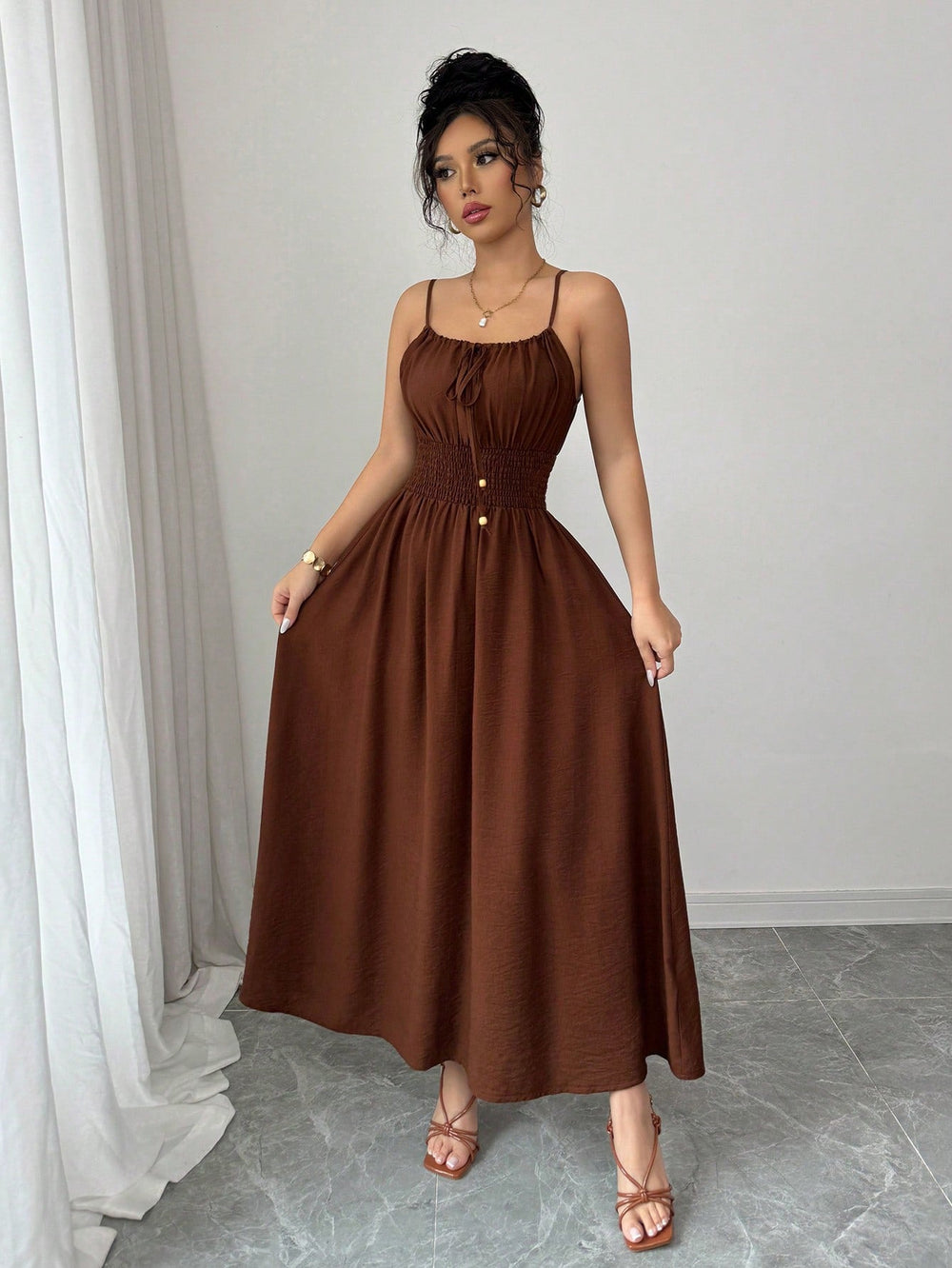 Design Tube Top Sleeveless Pleated Waist Solid Color Suspender Women Dress