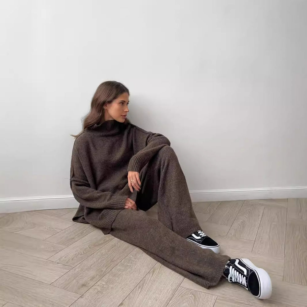 High Neck Split Wool Sweater Women Loose Casual Lazy Knitted Trousers Two Piece Set