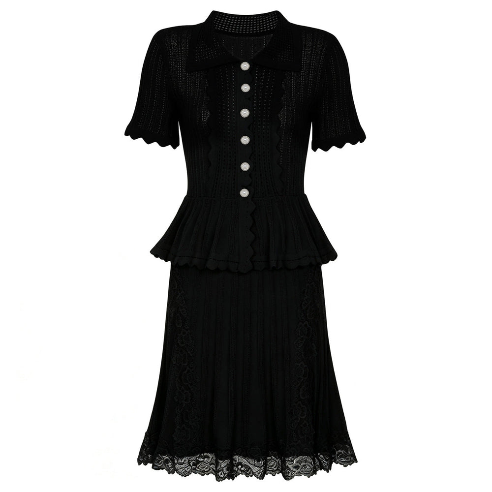 Summer Ladies Internet Popular Slim Fitting Slimming Pearl Buckle Faux Two Pieces Short Sleeve Dress
