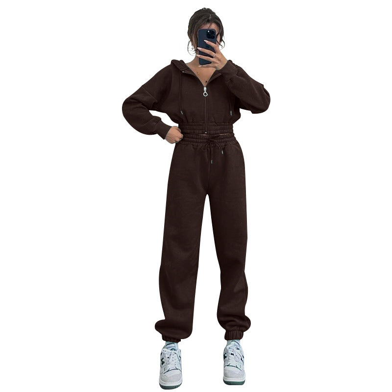 Autumn Winter Hooded Zipper Waist Tight Sweaters Women Clothing Casual Exercise Suit
