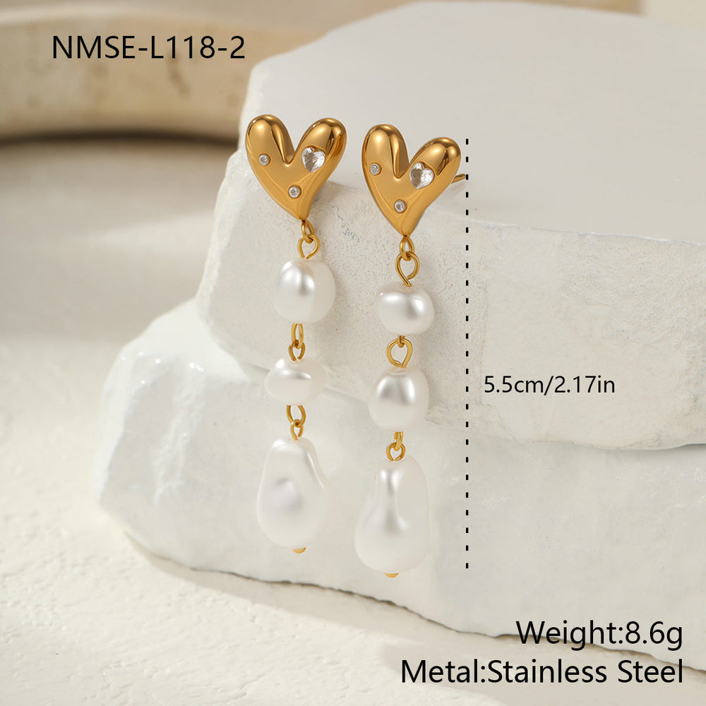 French Baroque Pearl Long Tassel Stainless Steel Earrings Light Extravagant Love Heart Shaped Design Earrings Ornament