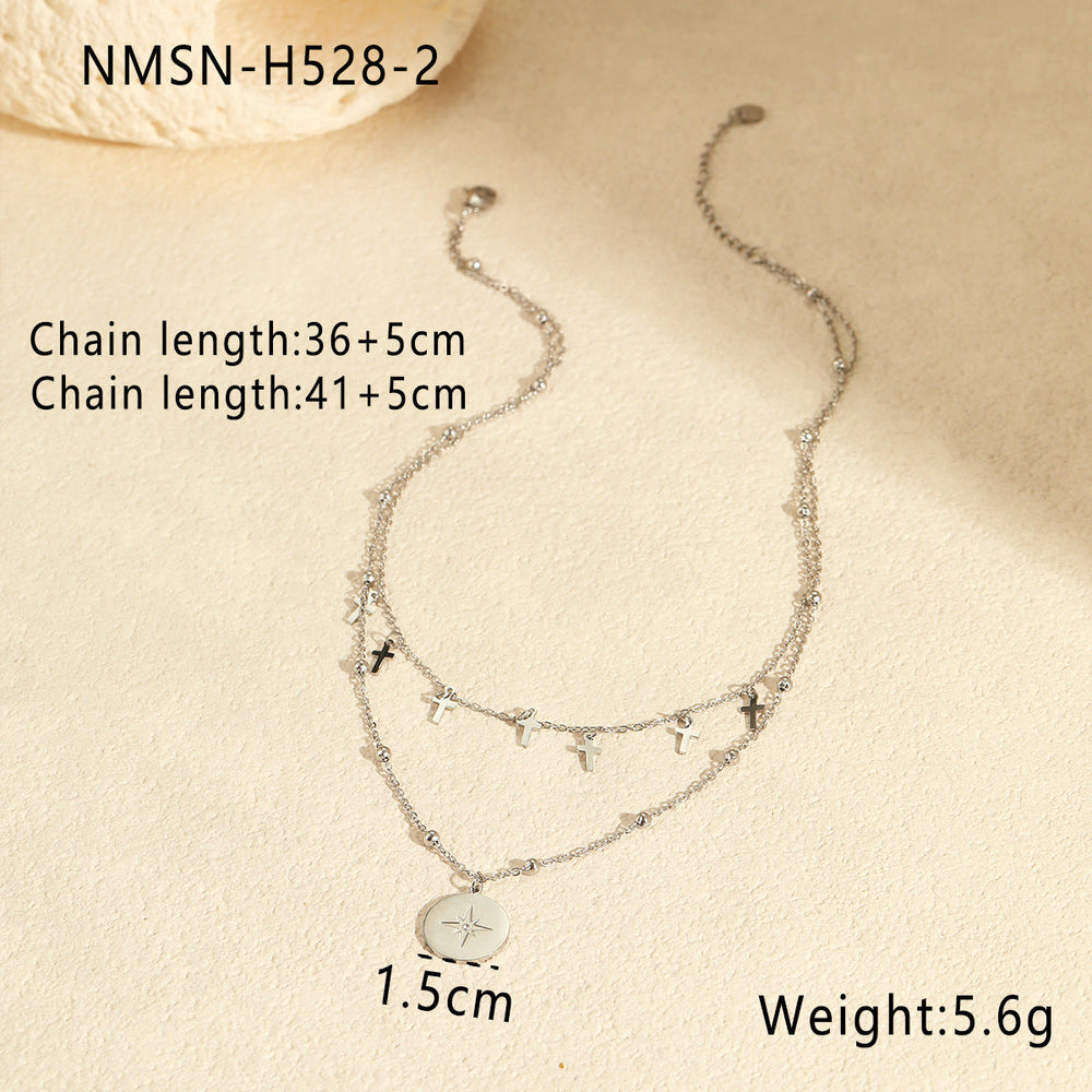 Retro Double Layer Twin Titanium Steel Necklace Cross Awn Star Round Brand Stainless Steel Necklace