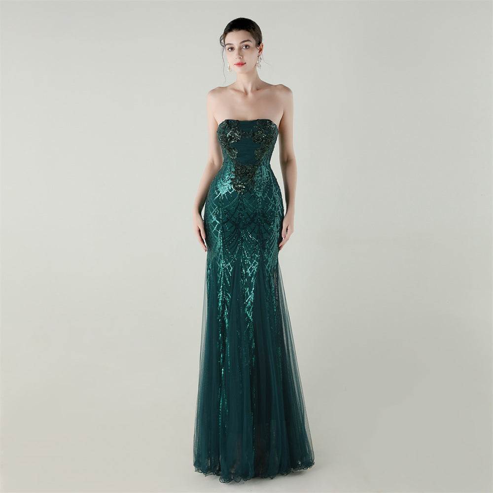Tube Top Cross Strap Beaded Tube Floral Sequin Mesh Evening Dress Cocktail Wedding Social Elegant Clothing