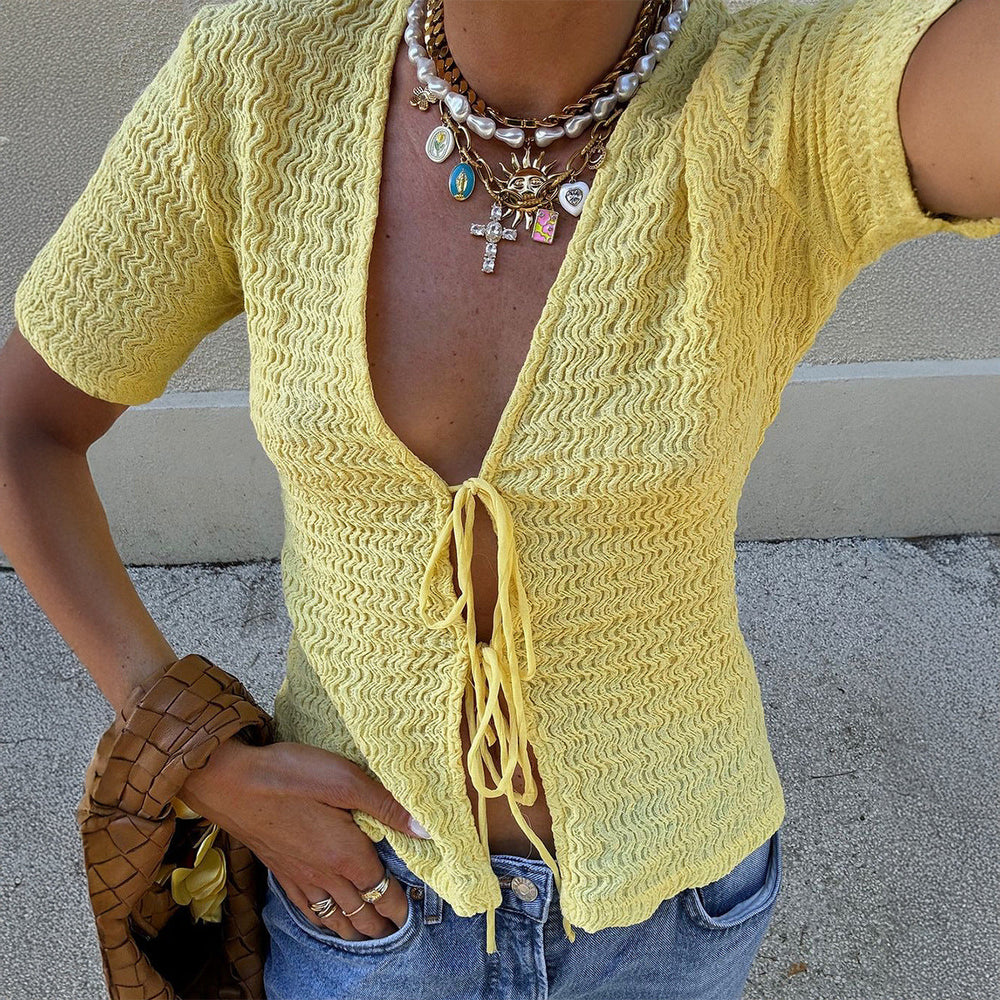Sexy Short Sleeve Lace up T shirt Top Women Clothing Autumn Winter