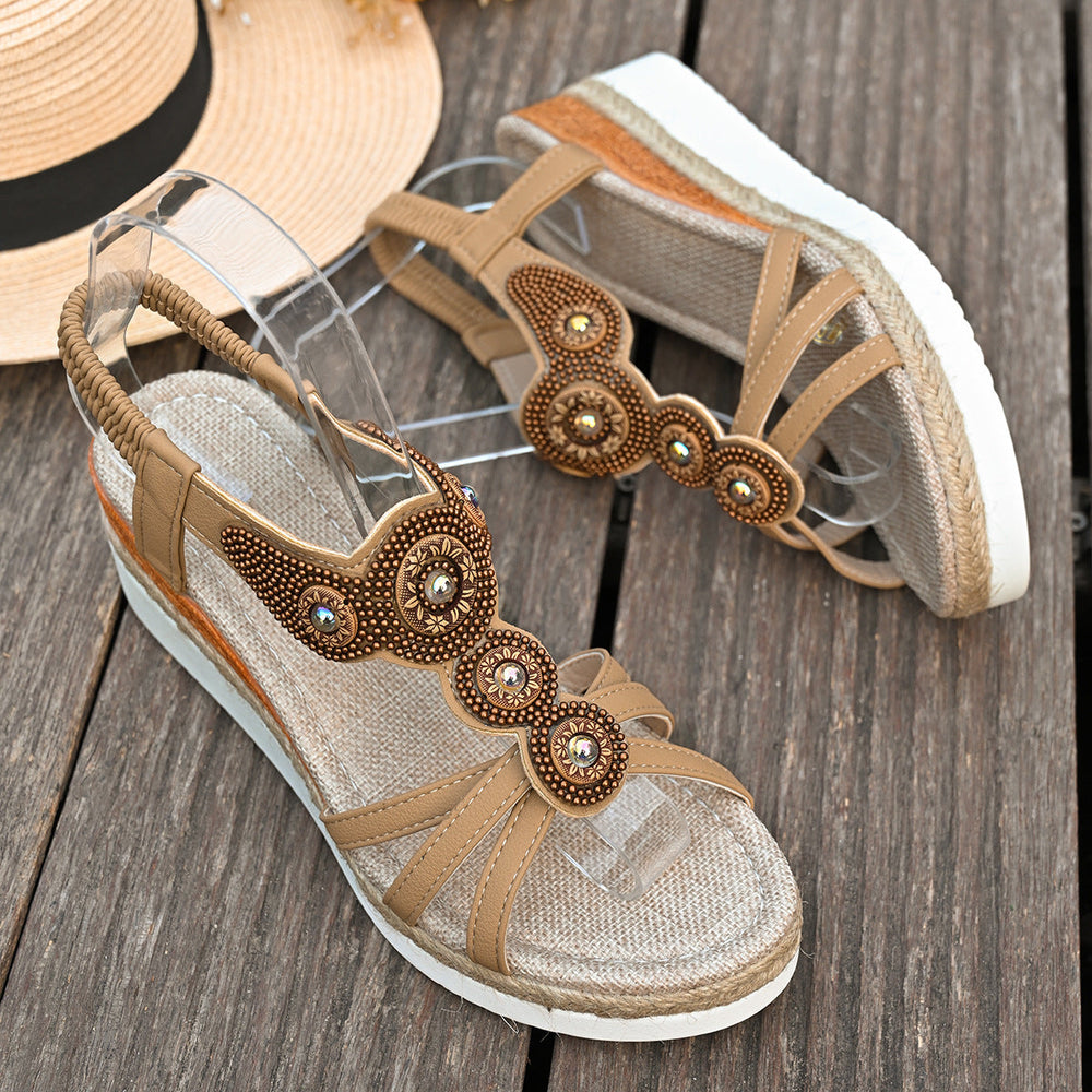 Rhinestone Beaded Elastic Band Wedge Sandals Women Ethnic Mid Heel Lightweight Casual Beach Sandals
