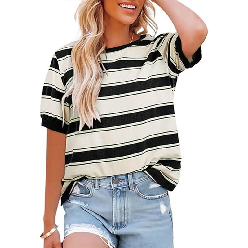 Summer Striped Loose Round Neck Short Sleeve T Shirt Women Casual Color Contrast