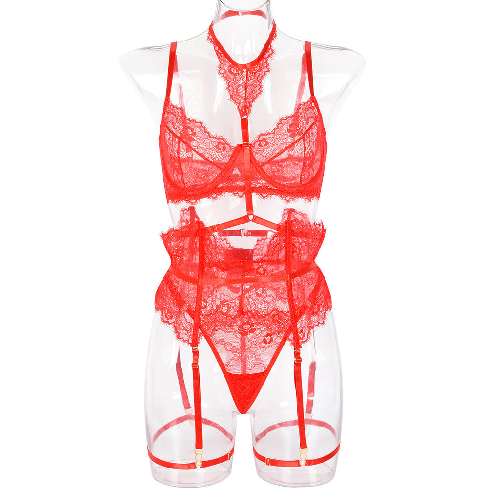 Sexy Three Piece Summer Lace Eyelash Lace Stitching with Halter Foot Ring