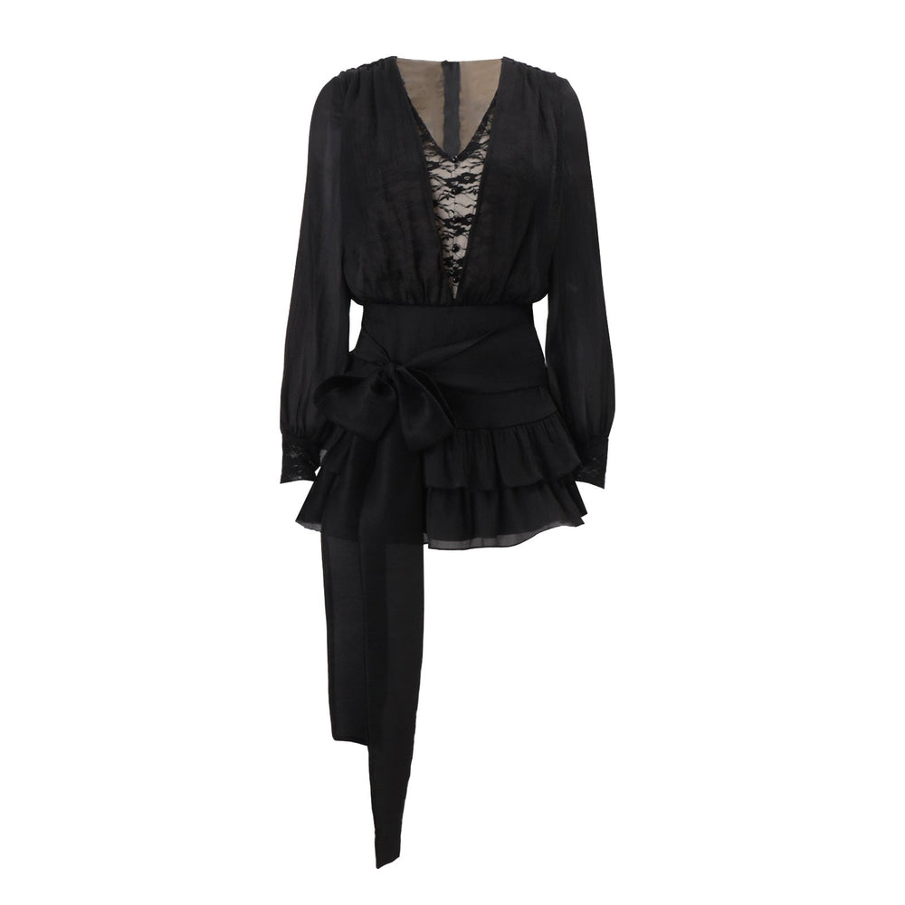 Autumn French Pure Lace Splicing Sexy V neck Long Sleeve Dress