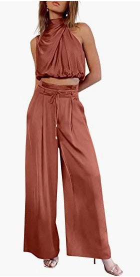 Women Casual Sleeveless Collar Two Piece Sets Wide Leg Pants Summer Cropped Top