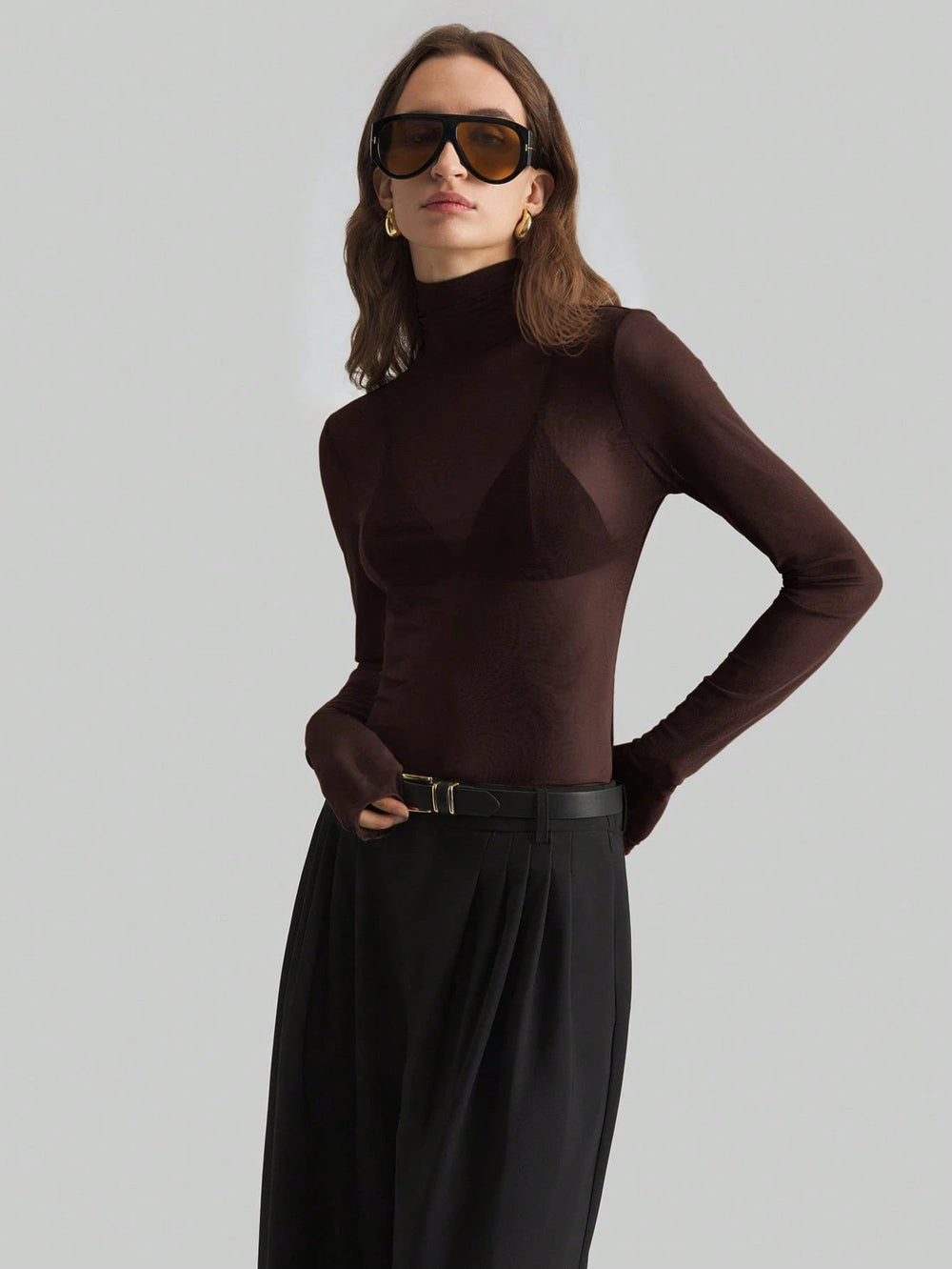 Autumn Winter Stand Collar Solid Color Mesh Slim Fit Slimming Long Sleeves Office Top