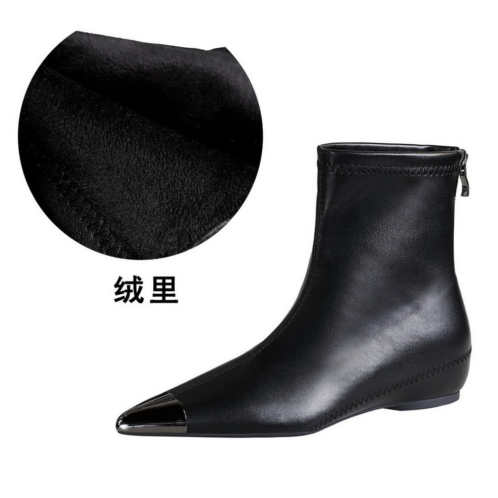 Retro All Matching Low Heel Wedge Hidden Heel Metal Pointed Toe Tilta Women Short Boots Ankle Boots