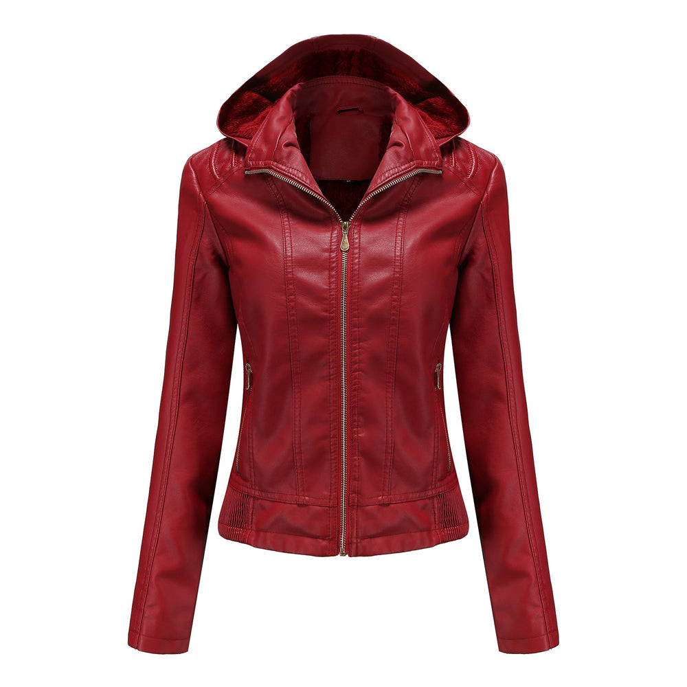Fall Winter Hooded Leather Coat Women's Detachable Hat Long Sleeve Zipper Fleece-Lined Leather Jacket Slim Coat