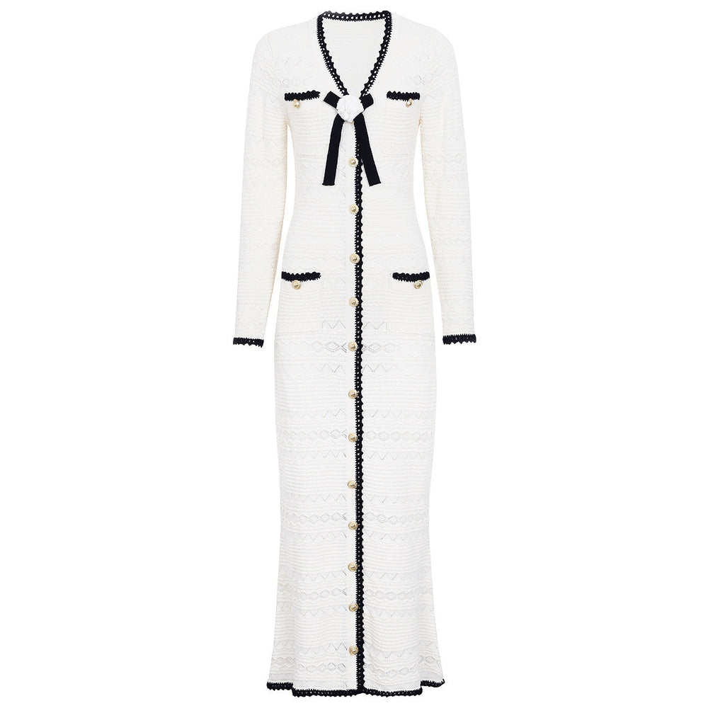 Spring Autumn Fashionable Knitted V neck Floral Slim Fit Slimming Long Sleeves Dress Women