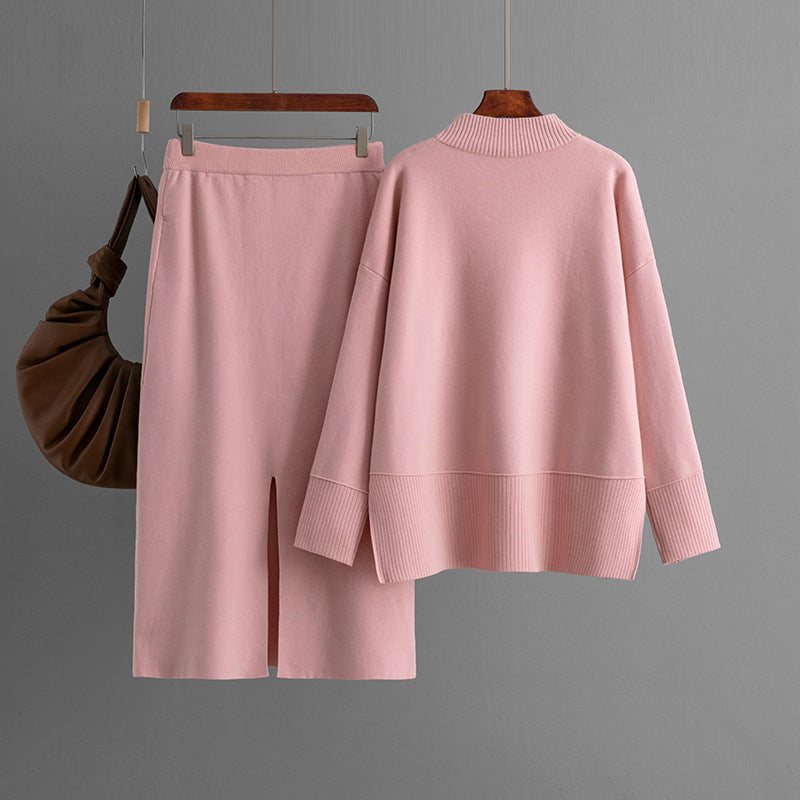 Solid Color Turtleneck Sweater Slit Half-Length Hip Skirt Two-Piece Set Autumn Winter Knitting Suit Women's