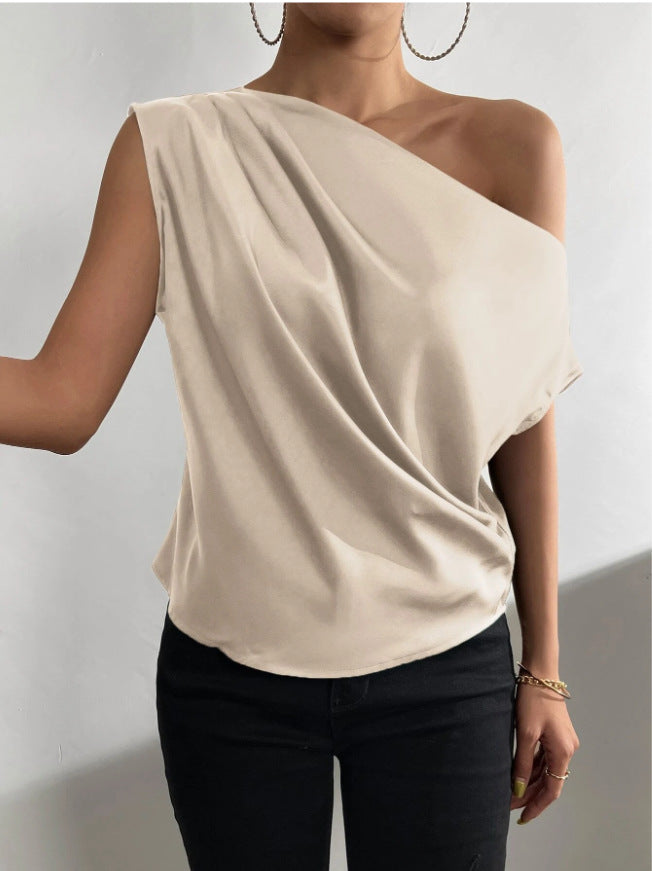 Spring Solid Color Satin Artificial Silk Irregular Asymmetric Shoulder off Shoulder Pullover Sleeveless Shirt Women Clothing