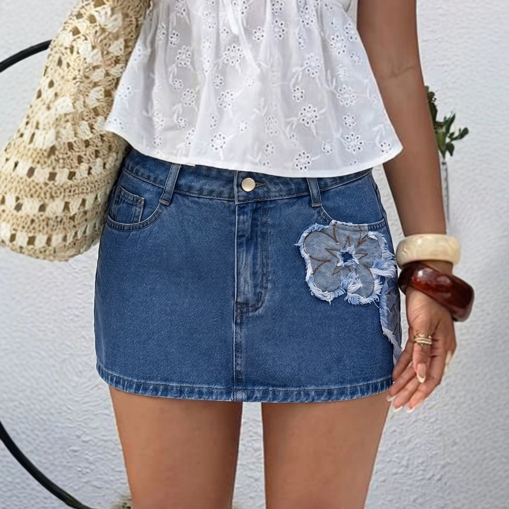 Summer Denim Skirt Women A line Slimming Personality Embroidery