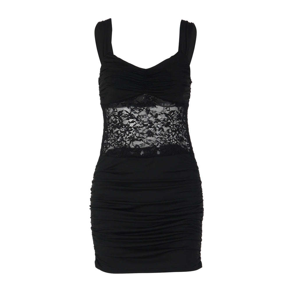 Women Clothing Short Summer Solid Color Sleeveless Sexy Lace Stitching Ruffle Hip Dress