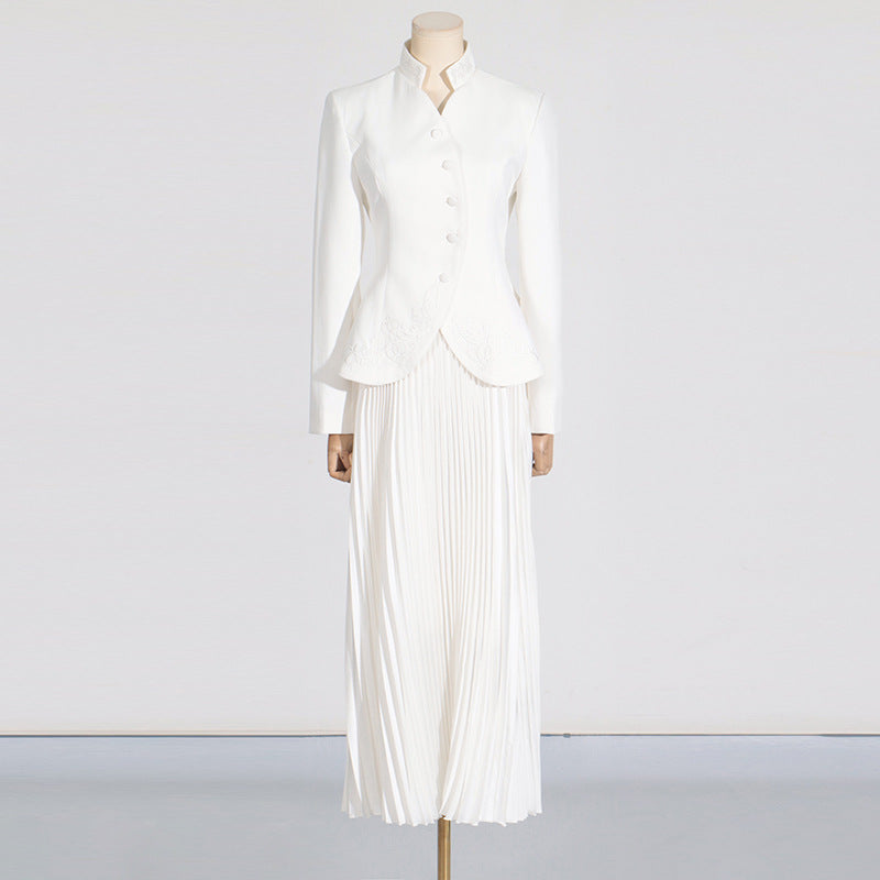 Fashionable Elegant High End Embroidered Stand Collar Single Breasted Top Pleated High Waist Skirt Sets