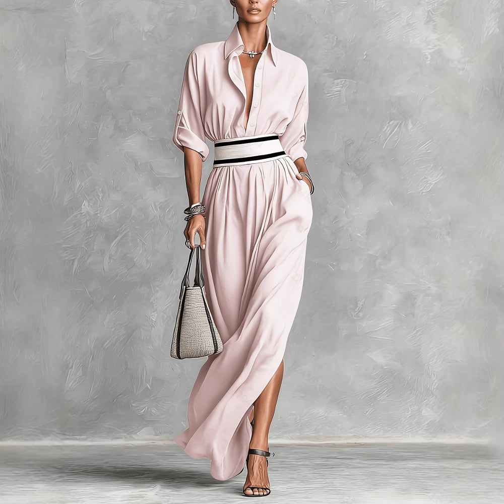 Women Clothing Draping Effect High Slit Maxi Dress Lapels Single Breasted Long Sleeve Dress