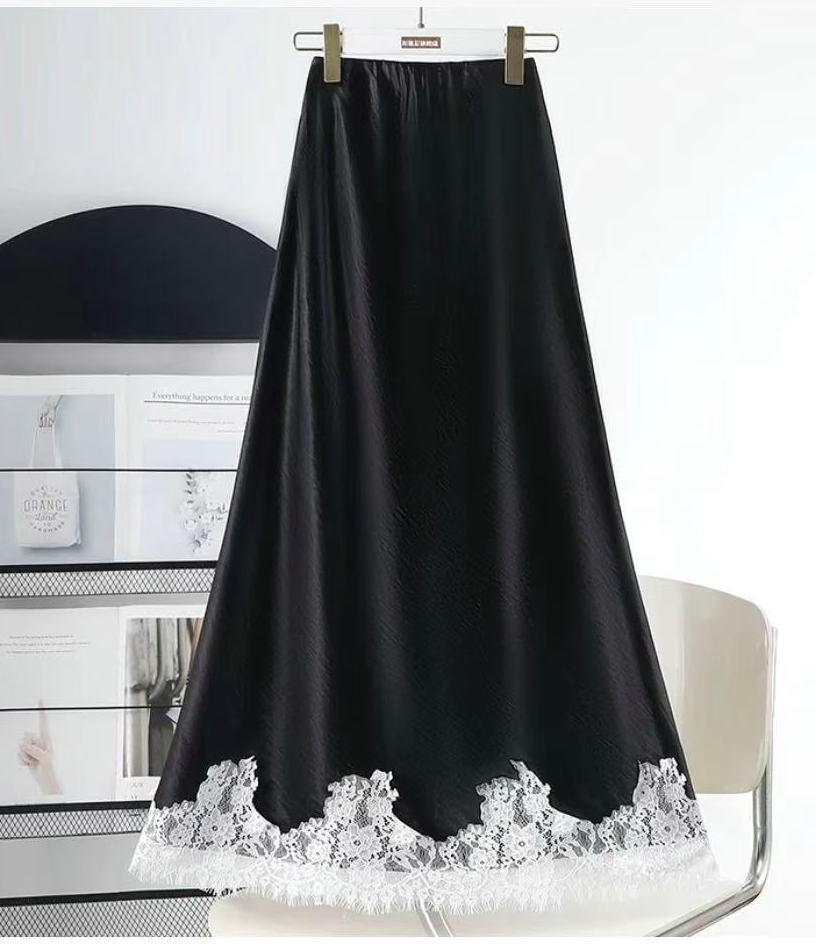 Western Lace Stitching Silk Skirt Spring Draping Glossy A line Midi Skirt Women