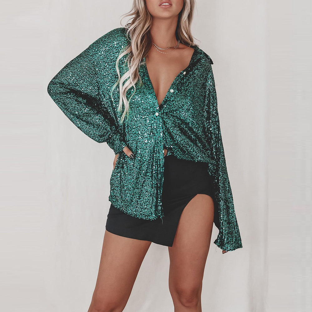 Spring Summer Sequin Top Collared Long Sleeve Cardigan Basic Women Clothing