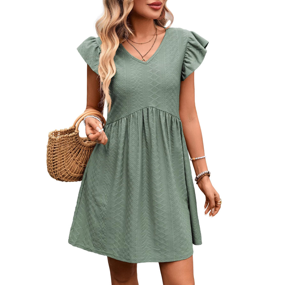 Summer Women Clothing V neck Ruffle Slimming Short Sleeve Large Swing Elegant Dress