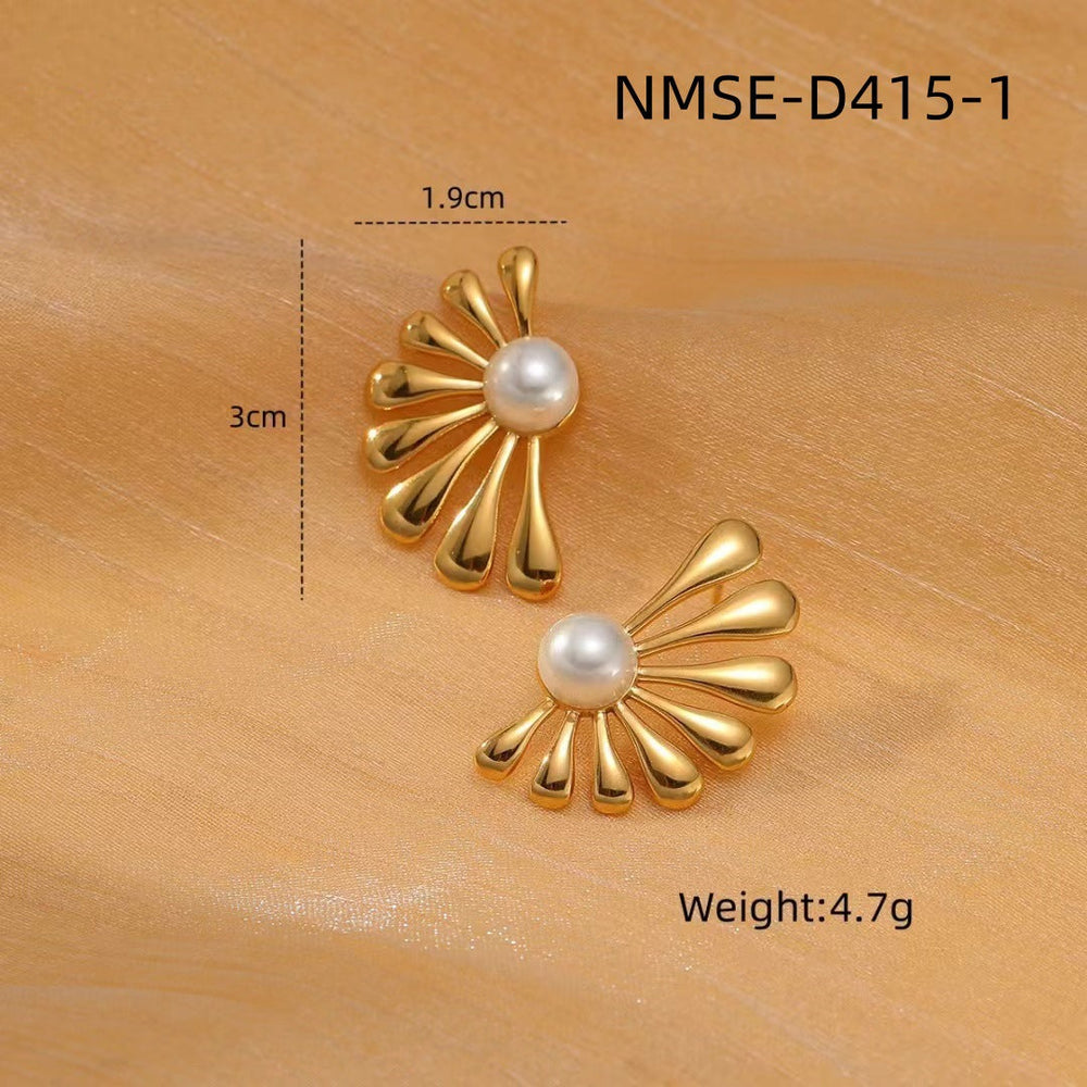 Light Luxury Titanium Steel Pearl Floral High Grade Earrings Simple Elegant Exaggerated Design Stainless Steel Studs