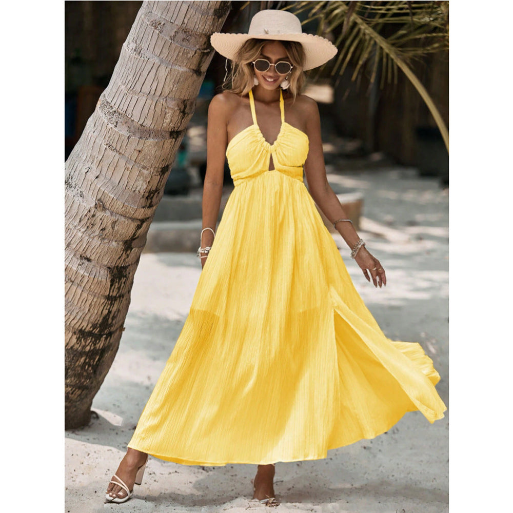 Women Solid Color Tied Backless Halter Dress