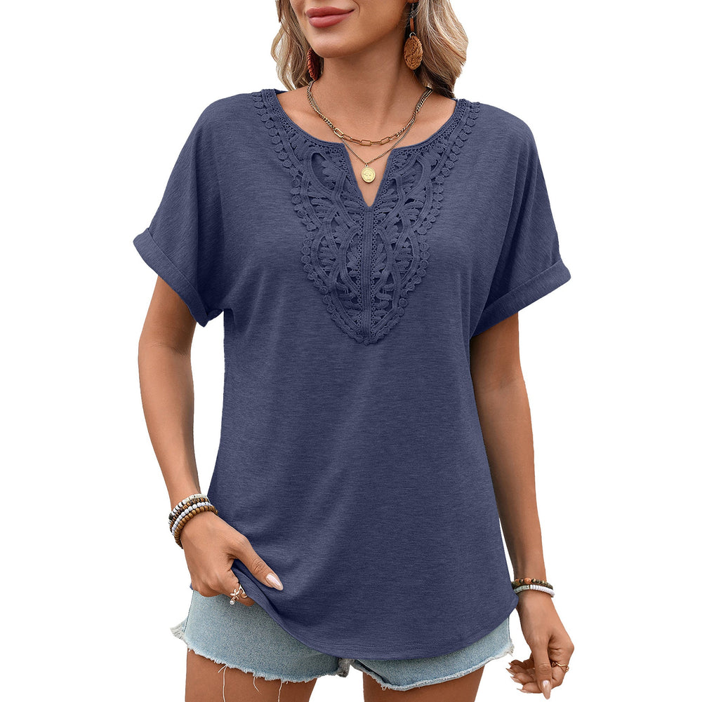 Women Clothing Spring Summer Solid Color V neck Lace Loose Short Sleeve T shirt Top