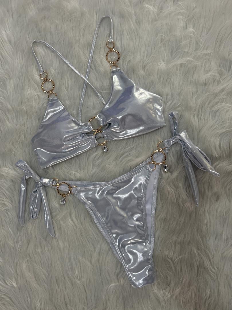 Metal Ring Hanging Diamond Bikini Sexy Cutout Lace up Split Swimsuit Vacation Swimsuit Women