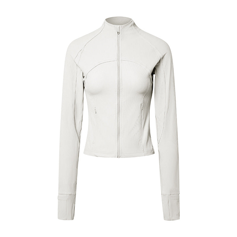 Vertical Rib High Elastic Tight Wicking Wet Yoga Jacket Sports Running Zipper Short Jacket