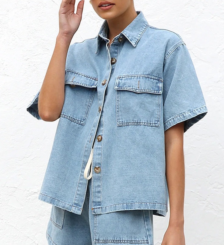 Retro Casual Loose Pockets Short Sleeved Shirt Shorts Denim Two Piece Sets