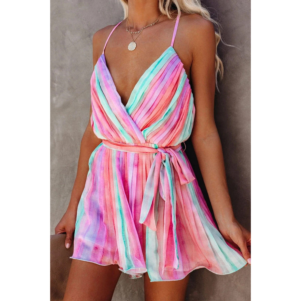 Spring Summer Suspender Pleated Chiffon Dress Home Lace up Sexy V neck Chiffon Dress