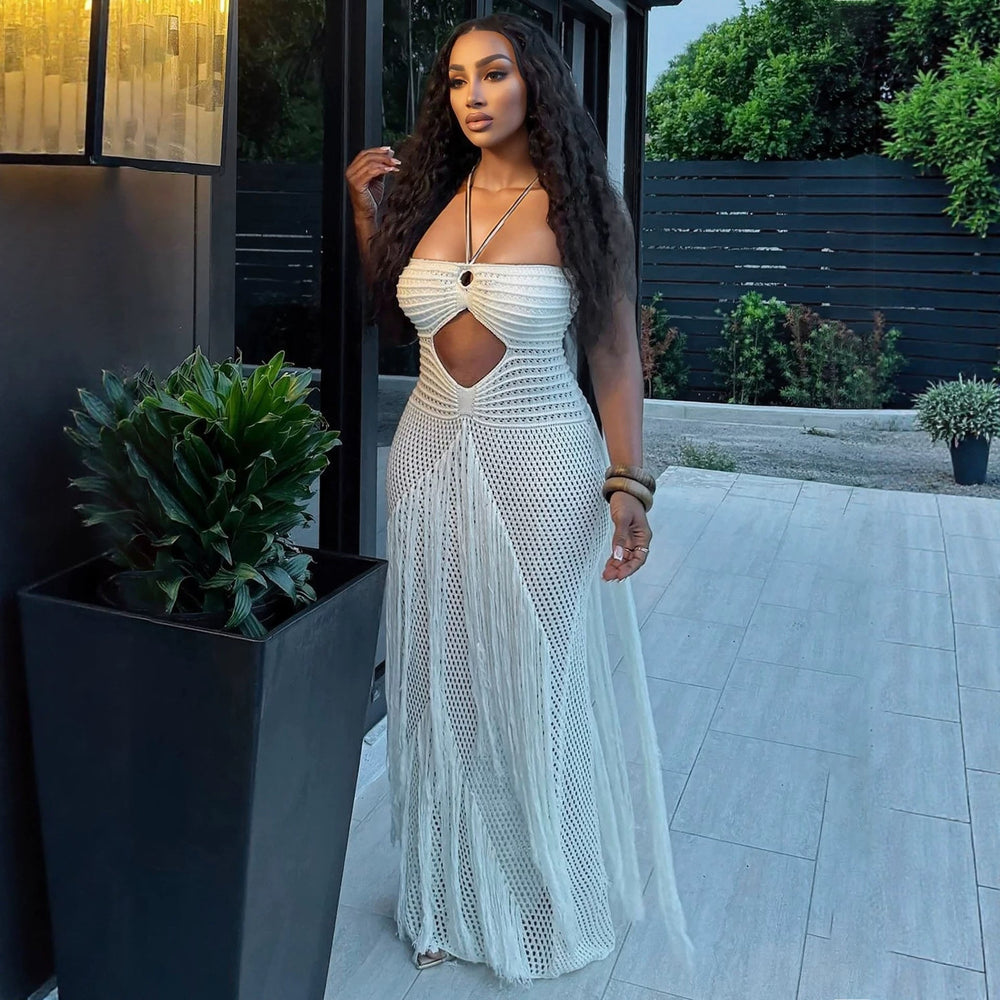 Hollow Out Cutout Bikini Cover Sexy Waist Drawstring Tassel Knitted Beach Dress for Women