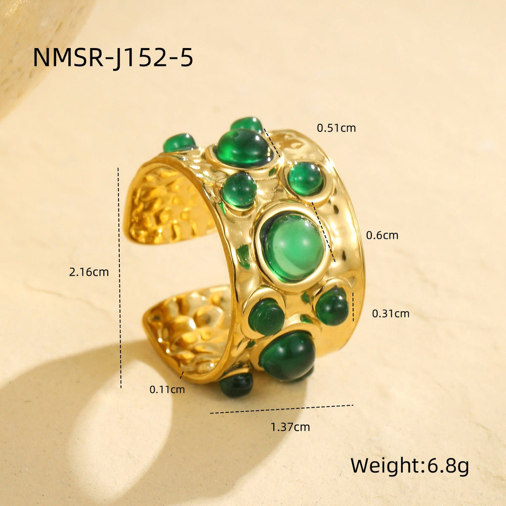 French Royal Multi Gem Open Ring Retro Mid Ancient Special Interest Design Stainless Steel Non Fading