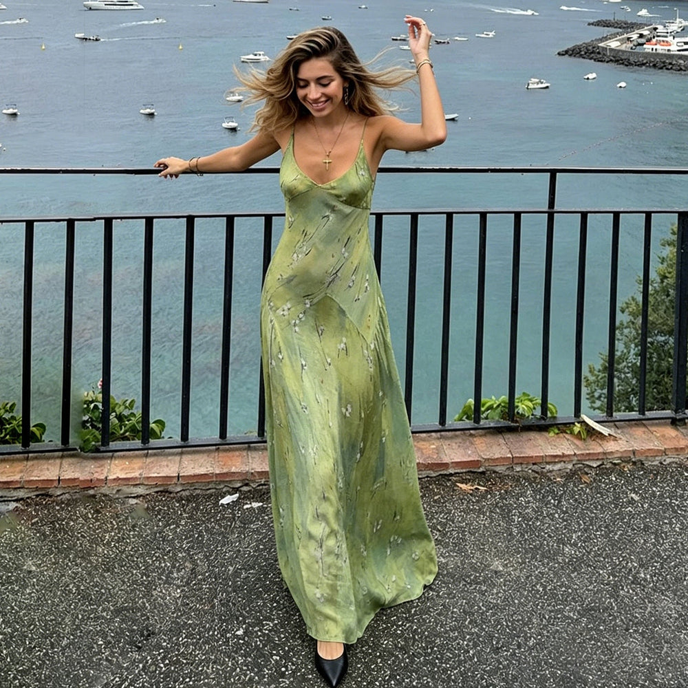 Romantic Floral Printed V neck Strap Dress Vacation Fresh Stylish Elegant Expansion Dress Women