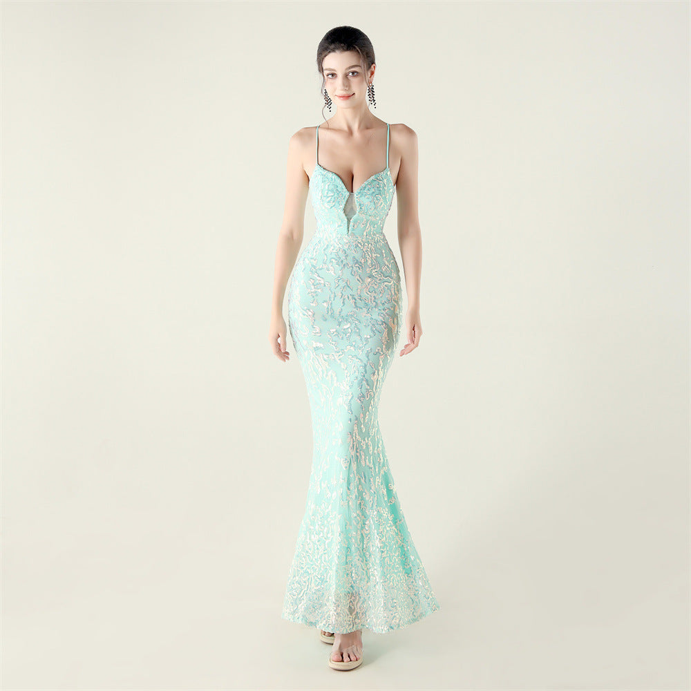 Beaded Embroidery Sequined Waist Trimming Lace up Deep V Plunge Heart Strap Evening Dress Cocktail Party