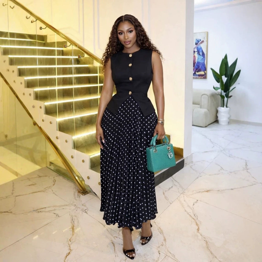 Women Wear Summer Elegant Graceful Sleeveless Waistcoat Vest Pleated Skirt Set