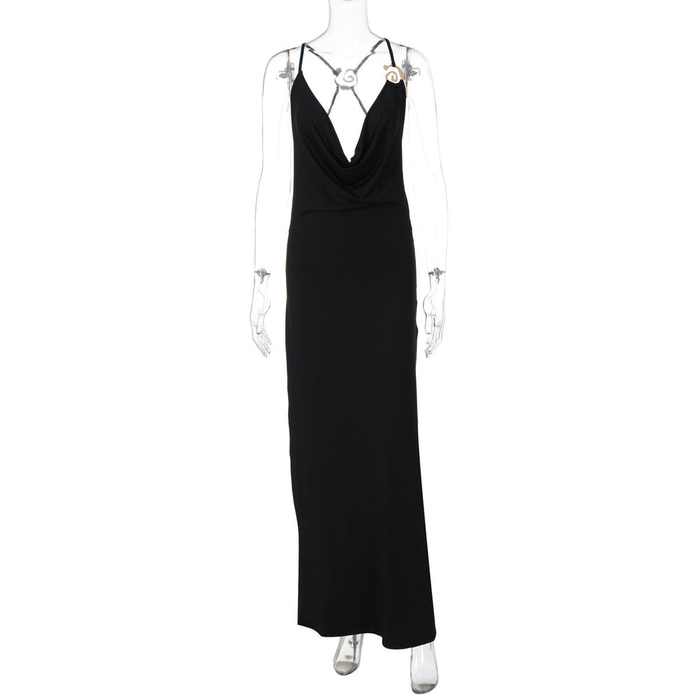 Summer Sexy Deep V Plunge neck Strap Backless Maxi Dress Solid Color Slim Fit Dress
