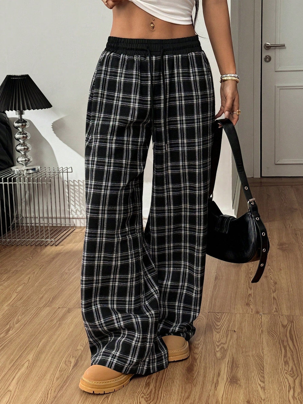 Loose Lazy Straight Plaid Stitching High Waist Drooping Casual Sports Pants
