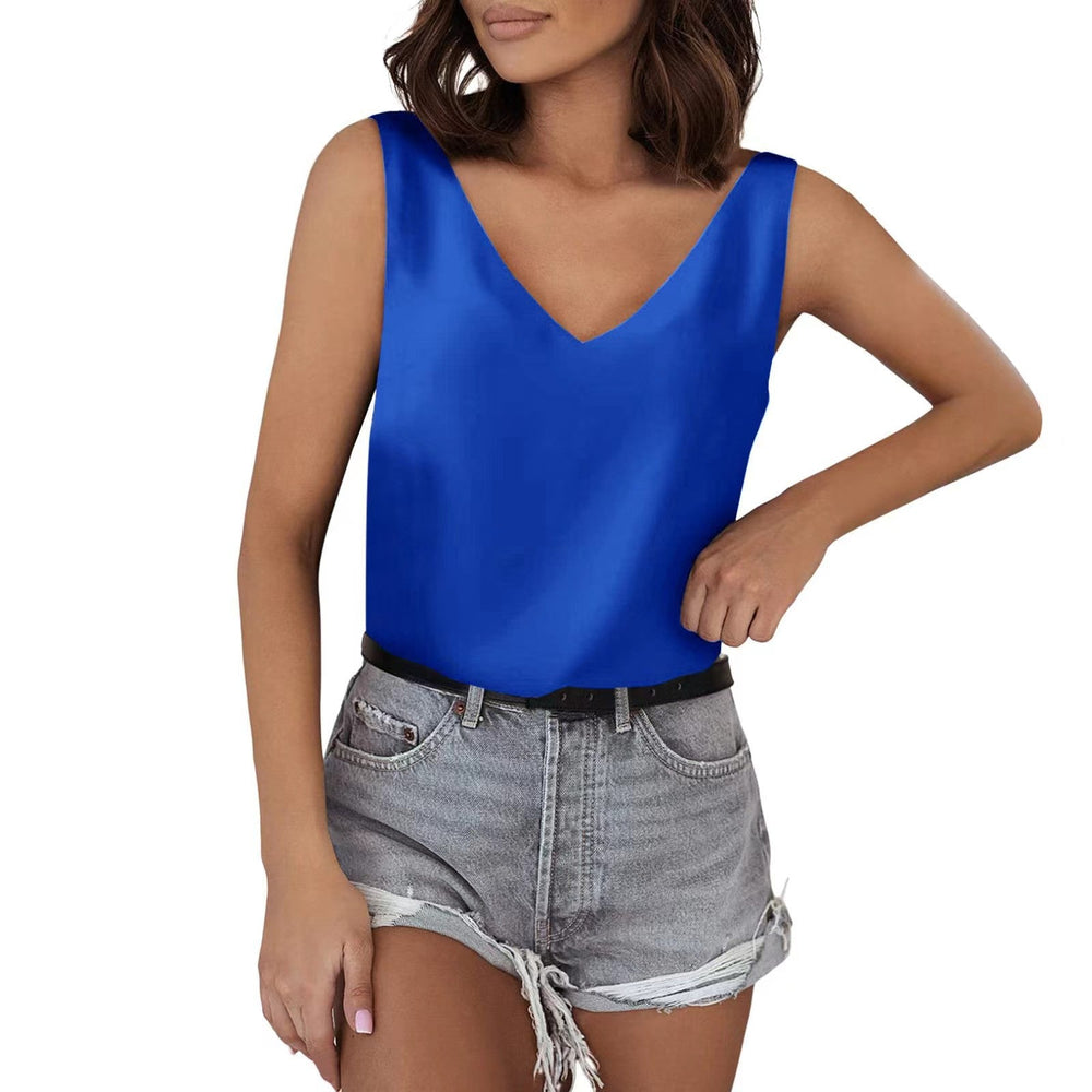 Solid Color Satin Vest V neck Casual Camisole Sleeveless Shirt Summer Basic