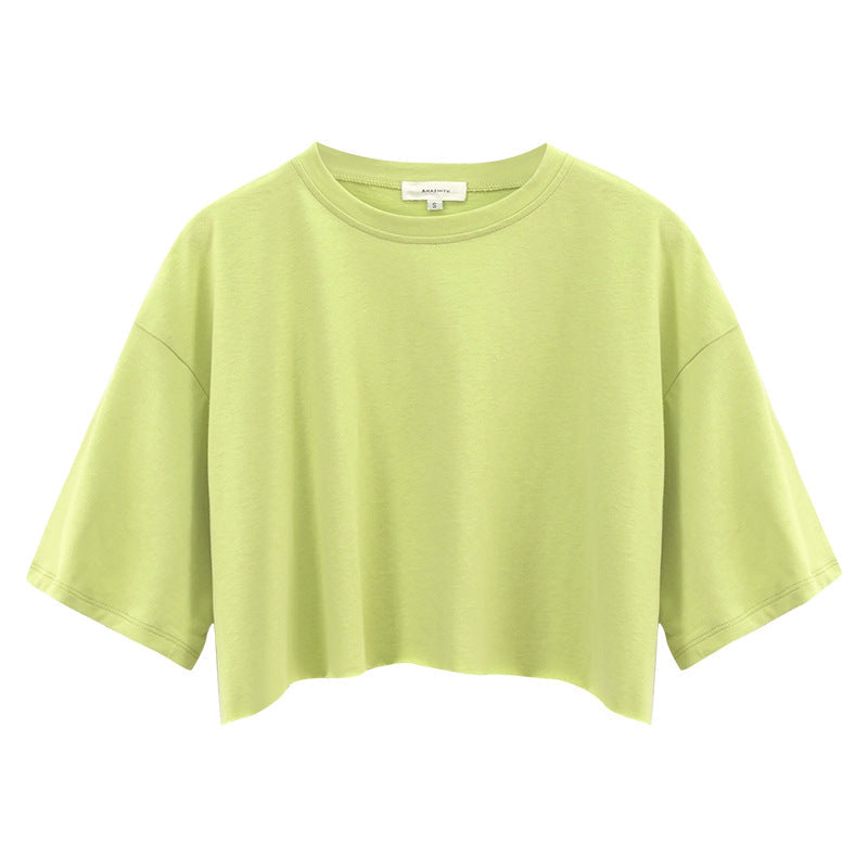 Sexy Short Sleeved T shirt Women Summer Pure Cotton Solid Color Short Cropped round Neck Sports Top