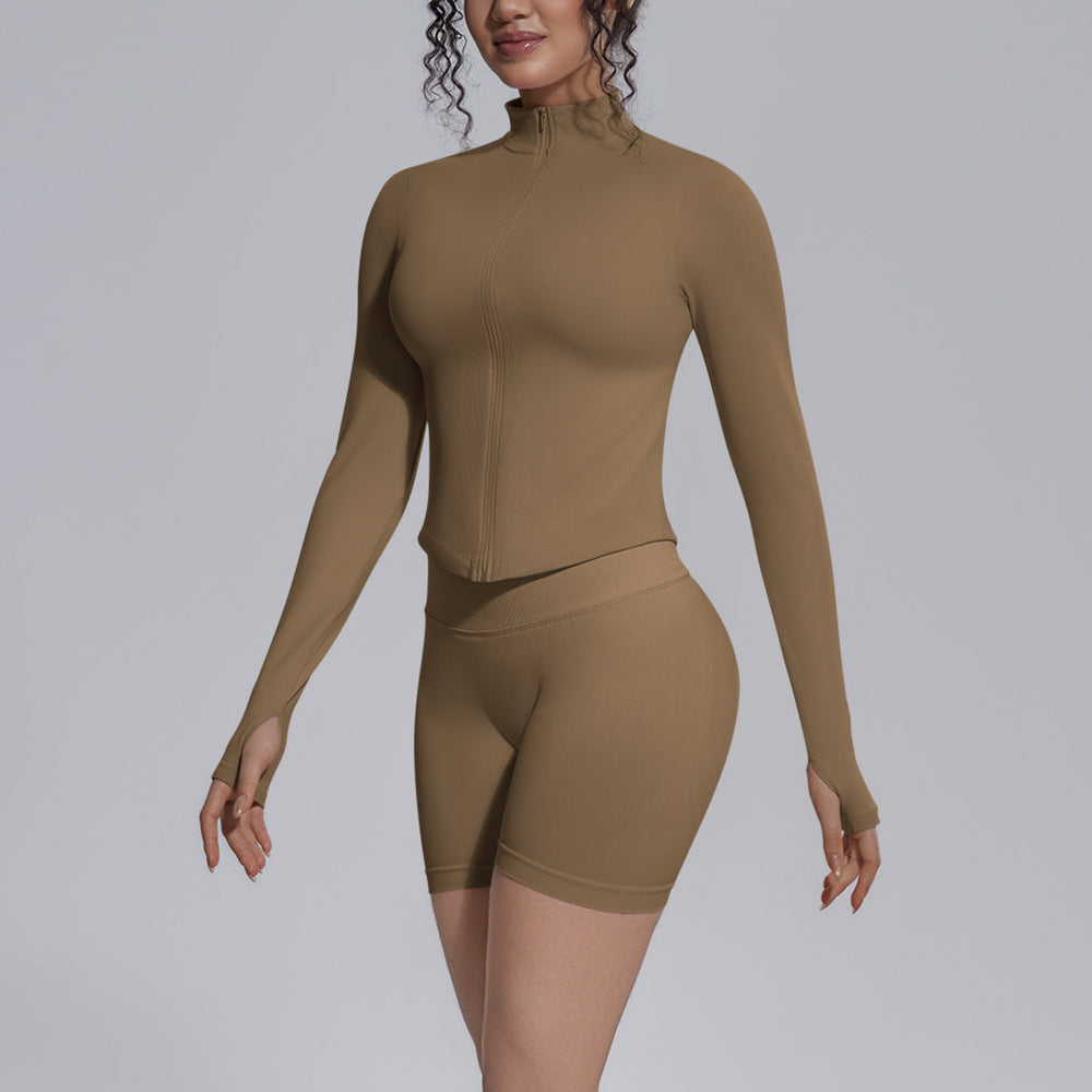 Seamless Knitted Long Sleeve Zipper Yoga Jacket Tight V Waist Yoga Shorts Fitness Yoga Wear Set for Women