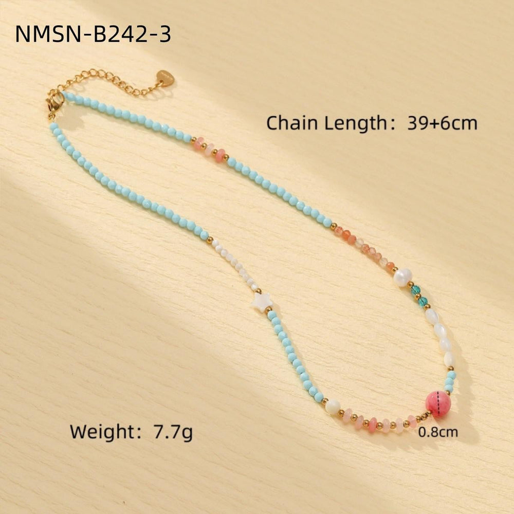 Blue Color Natural Stone Handmade Beaded Titanium Steel Necklace Affordable Luxury All Match Freshwater Pearl Embellished
