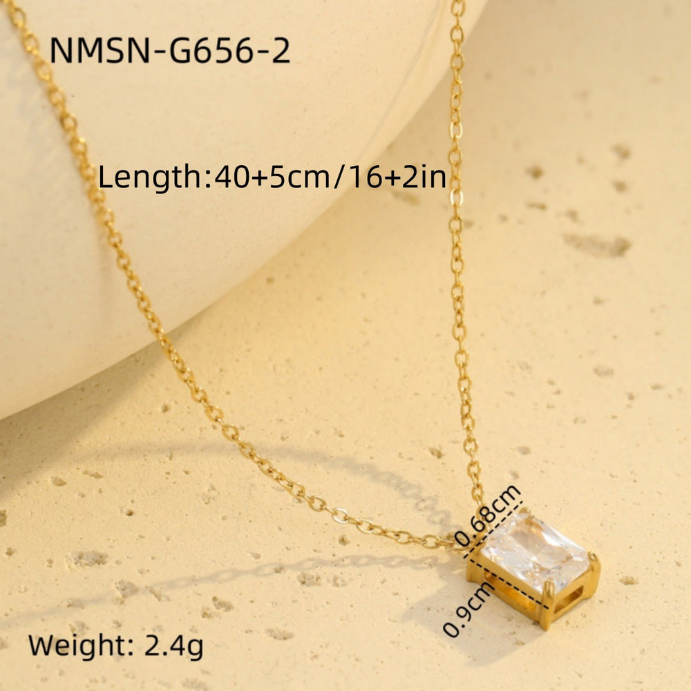 Light Luxury High Grade Stainless Steel Necklace Square Zircon Embellished Simple All Match Women Titanium Steel Clavicle Chain
