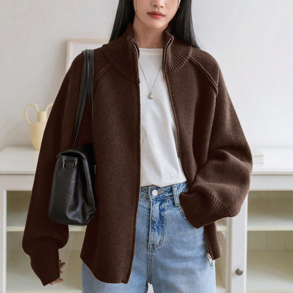 Lazy Sweater Coat Women Autumn Winter Korean Solid Color Stand Collar Zipper Knitted Cardigan Top