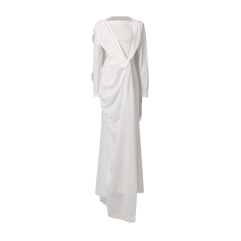 Spring Elegant Retro Twisted Chiffon Patchwork Long Waist Slimming Dress Women